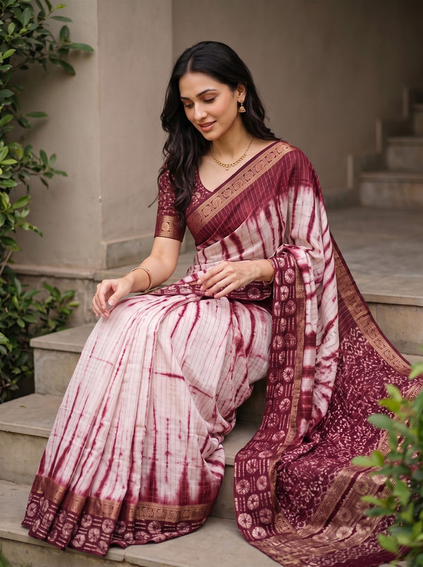 Chanderi Cotton Silk Maroon White Shibori Batik Border Saree with Zari Trim