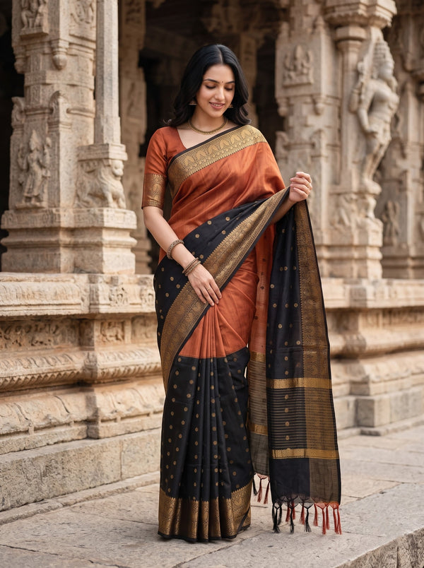 Semi Silk Half-and-Half Black Orange Saree with Golden Paisley Border