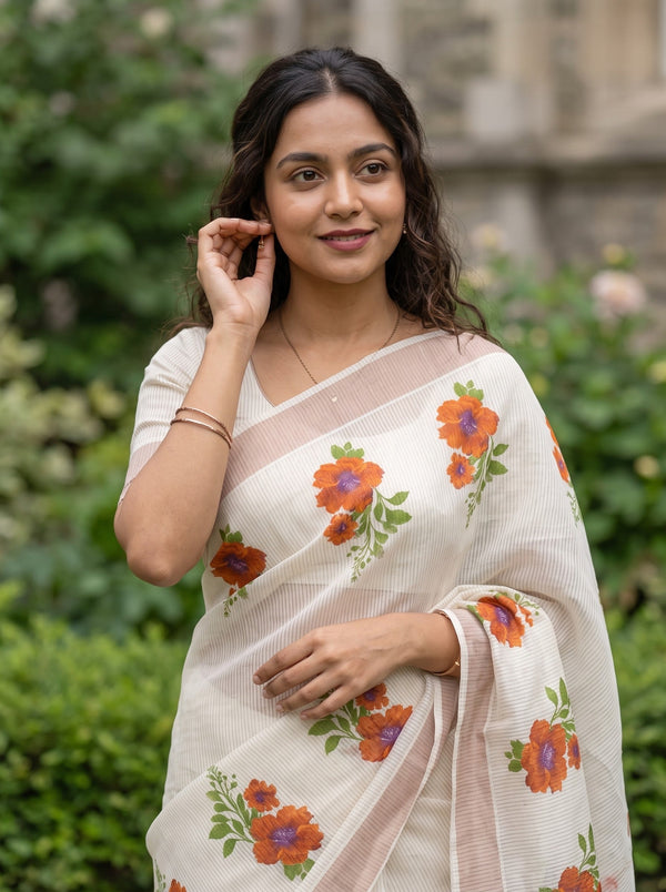 Cotton Cream Kerala Saree with Orange Floral Print Pallu and Copper Zari Border