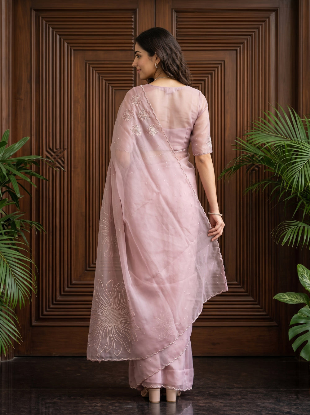 Organza Mauve Pink Sunflower Bead Sequin Cord Work Embroidered Pallu Saree