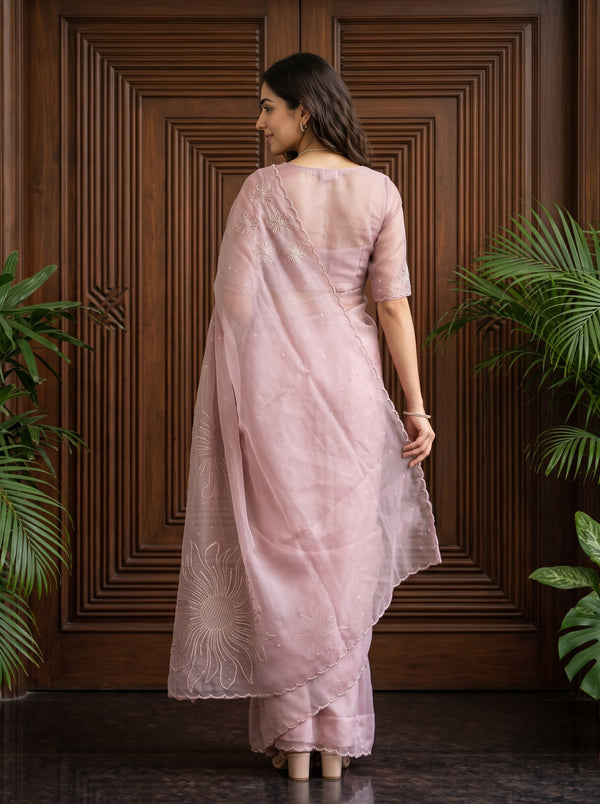 Organza Mauve Pink Sunflower Bead Sequin Cord Work Embroidered Pallu Saree