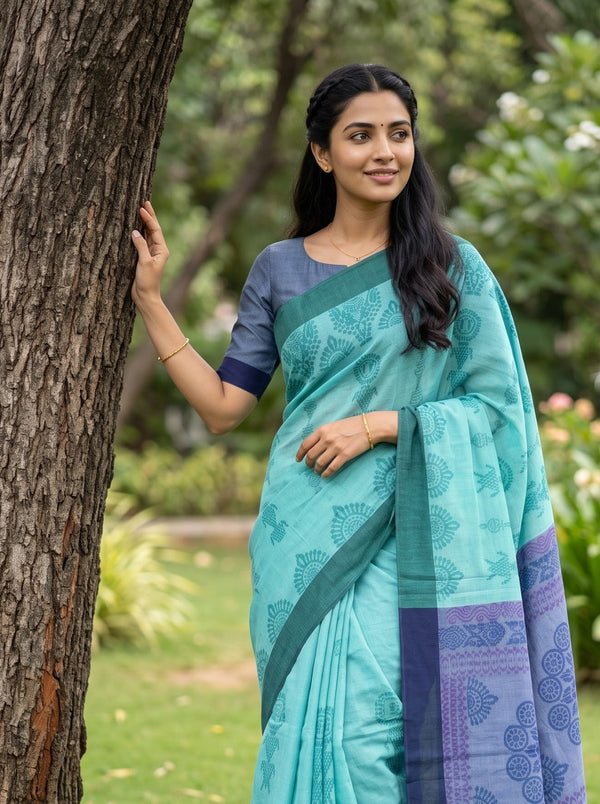 Cotton Mint Turquoise Saree with Lavender Medallion Print Pallu