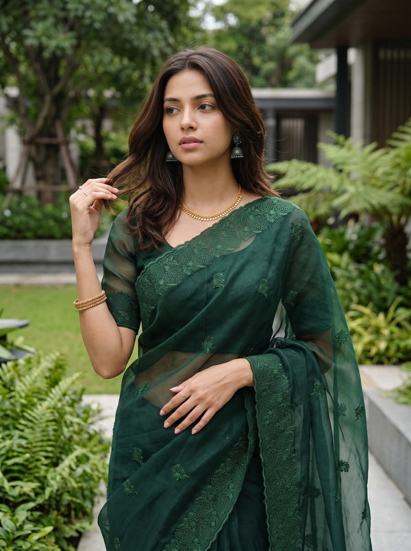 Organza Bottle Green Floral Butta Self Embroidered Border Saree