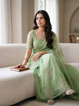 Organza Green Saree with Golden Outlined Peony Embroidery