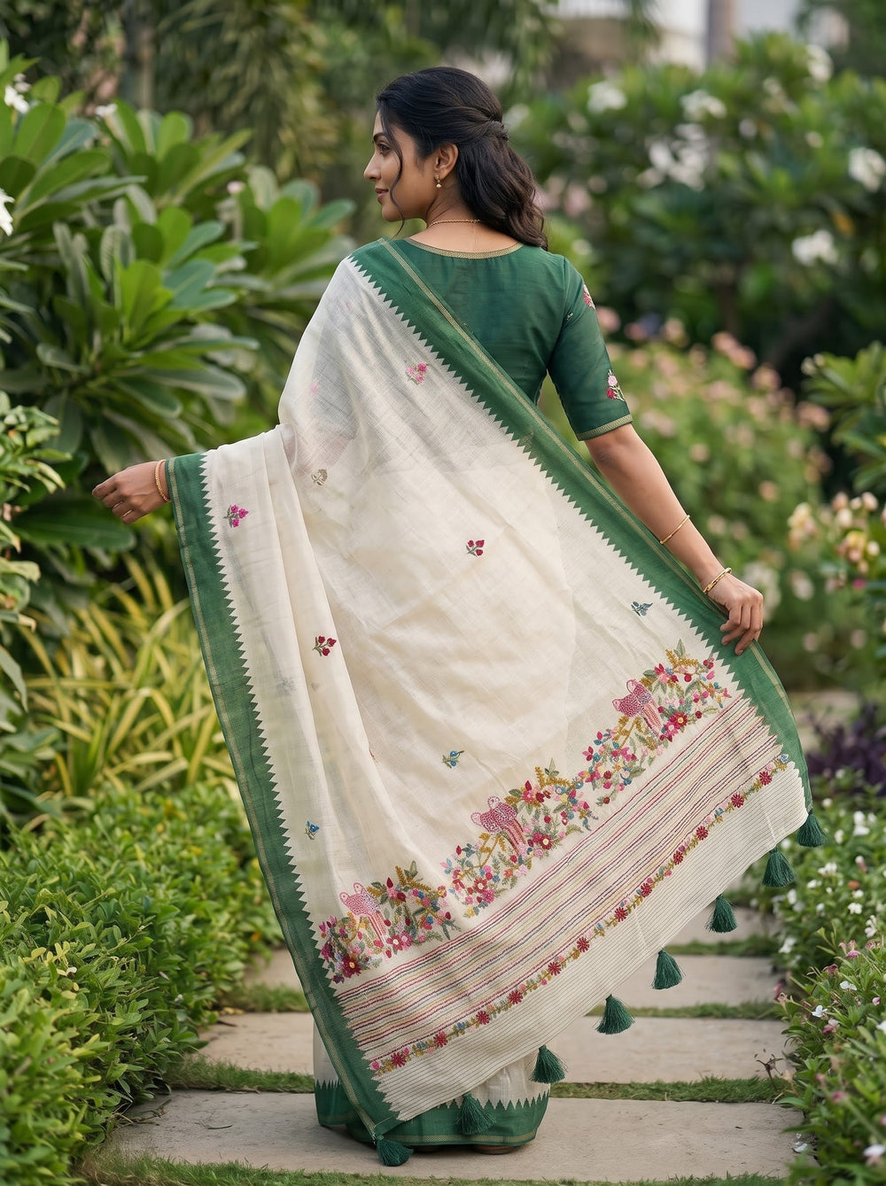 Tissue Saree in Off-White with Colorful Parrot Floral Embroidery