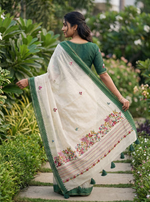 Tissue Saree in Off-White with Colorful Parrot Floral Embroidery