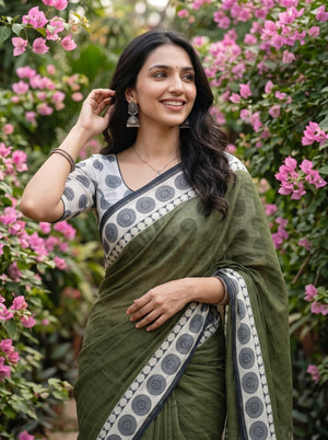 Cotton Olive Green White Mandala Dot Print Saree
