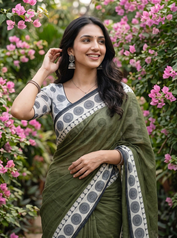 Cotton Olive Green White Mandala Dot Print Saree