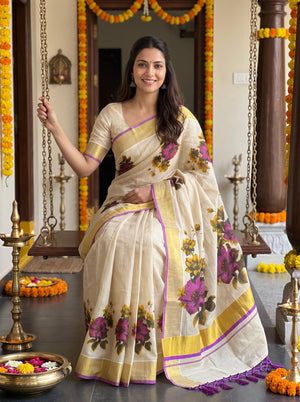 Tissue Cream Printed Floral Onam Special Kerala Saree with Gold Violet Border