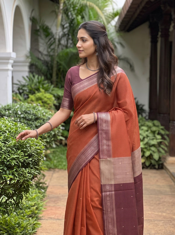 Semi Chanderi Silk Rust Orange Checkered Gold Zari Maroon Border Saree