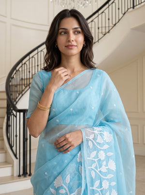 Organza Sky Blue Saree with White Floral Vine Embroidery