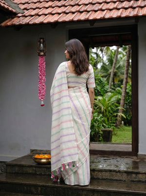 Cotton Cream Multicolour Striped Tassel Pattern Saree