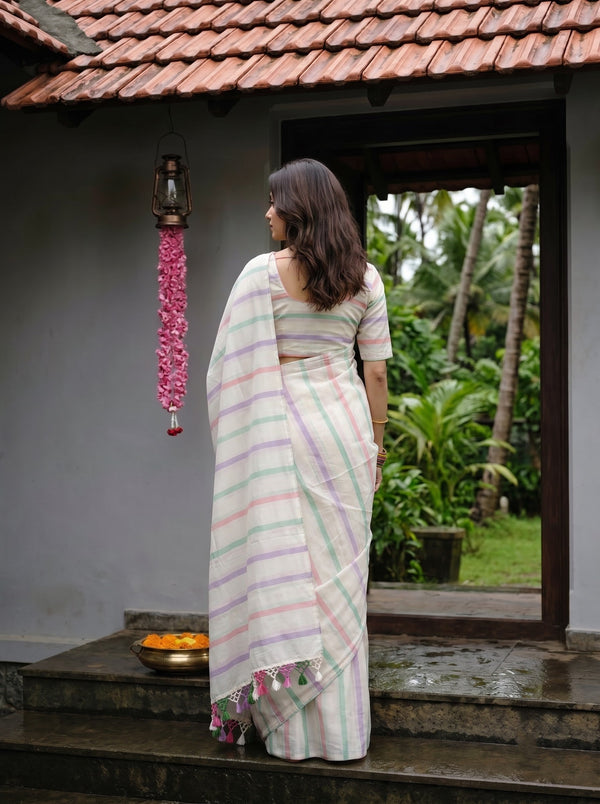 Cotton Cream Multicolour Striped Tassel Pattern Saree