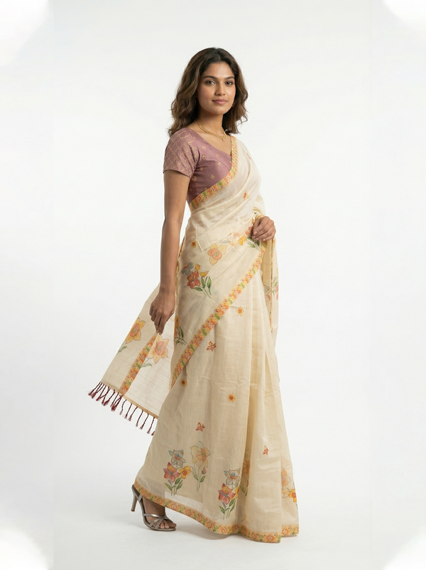 Tissue Silk Cream Printed Floral Set Saree with Diamond Border