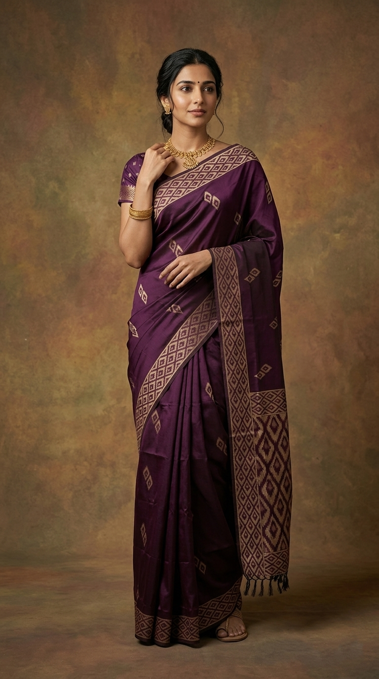 Woman wearing a purple saree with a patterned border against a brown background