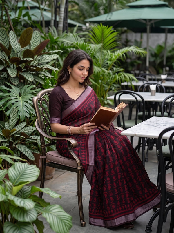 Linen Black Red Batik Floral Print Saree