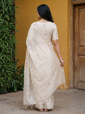 Tissue Cream Saree with Red Floral Embroidered Motifs and Striped Zari Pallu