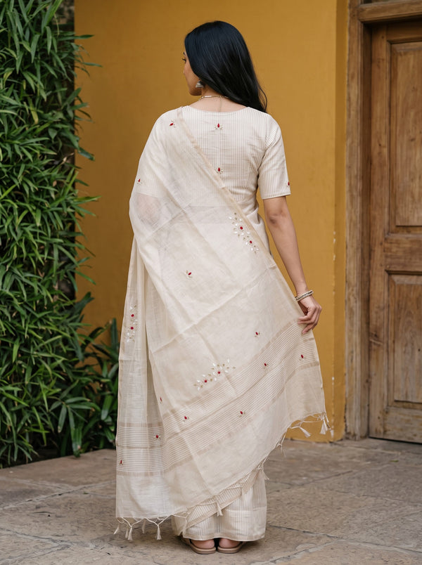 Tissue Cream Saree with Red Floral Embroidered Motifs and Striped Zari Pallu