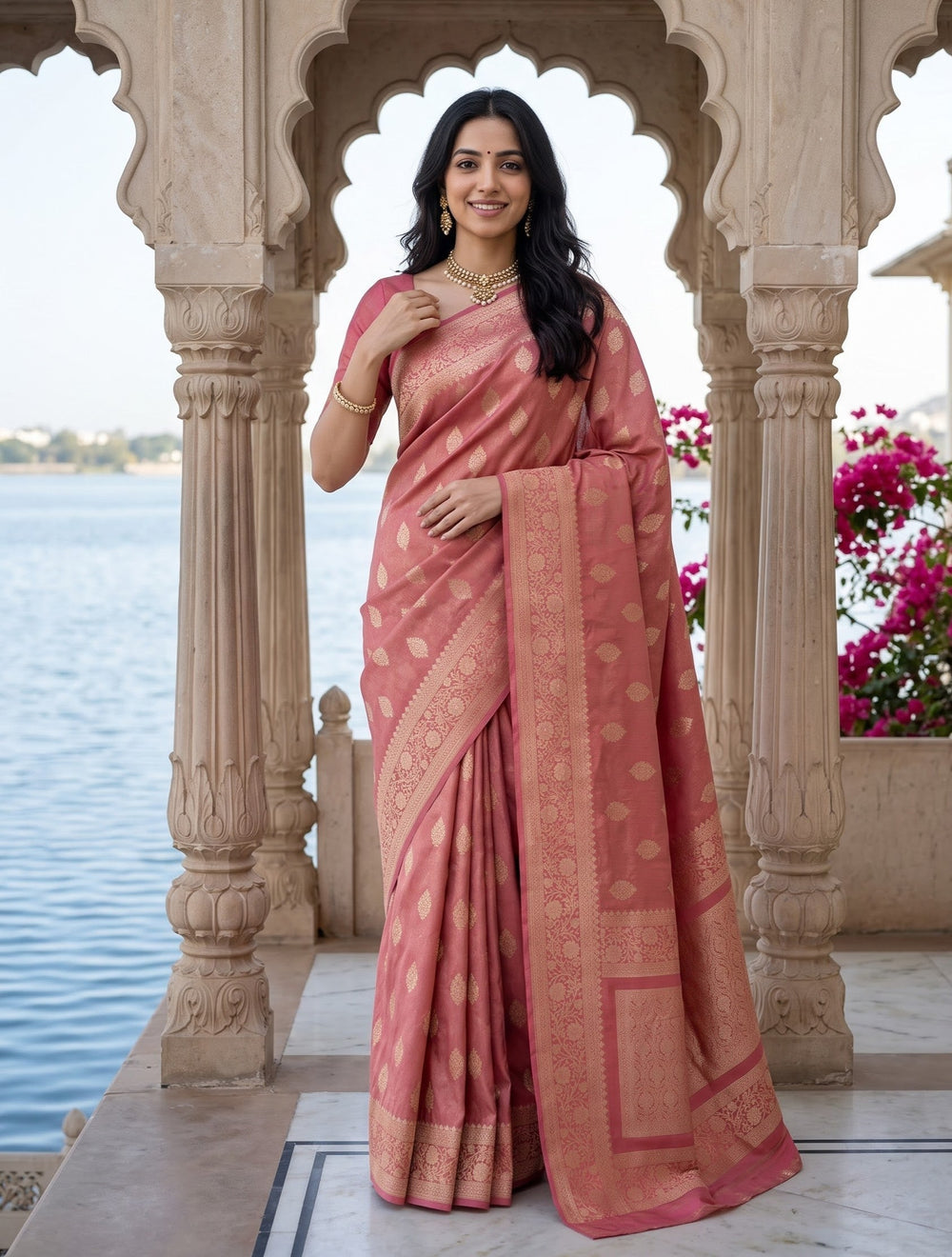 Banarasi Saree in Coral Pink with Golden Paisley Pallu Design