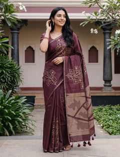 Matka Silk Maroon Saree with Geometric Trellis and Leaf Jaal Weave