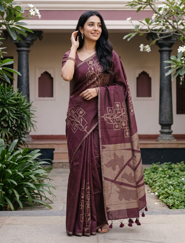Matka Silk Maroon Saree with Geometric Trellis and Leaf Jaal Weave
