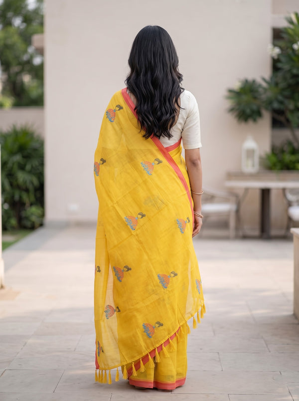 Cotton Linen Saree in Yellow with Cute Umbrella-Skirt Figure Print and Coral Trim