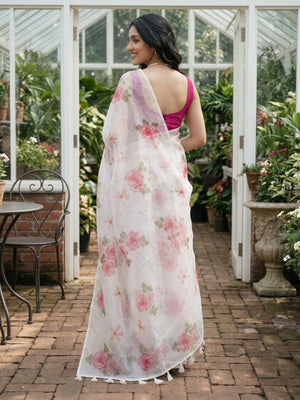 Organza Off-White Pink Rose and Dragonfly Print Saree with White Tassels