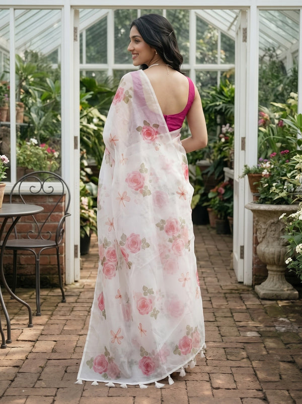 Organza Off-White Pink Rose and Dragonfly Print Saree with White Tassels