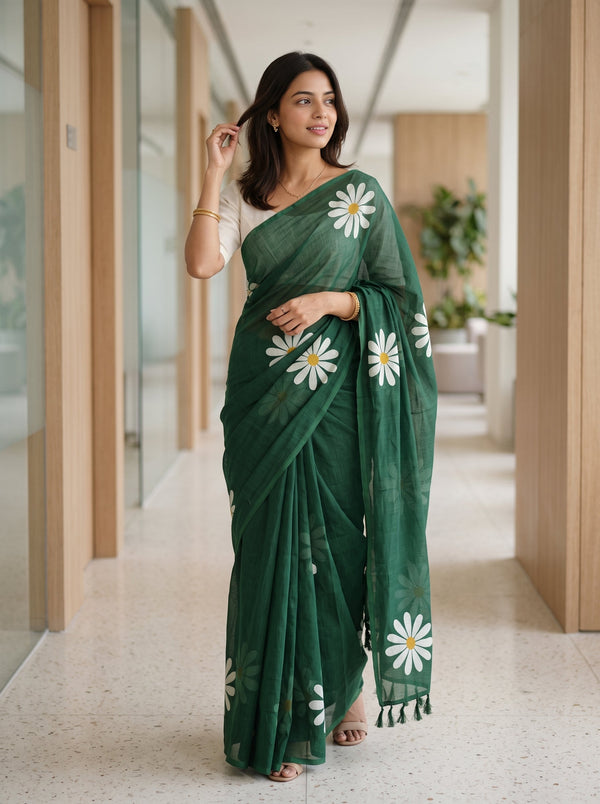 Cotton Bottle Green Saree with White Daisy Flower Print