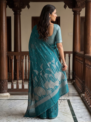 Semi Silk Teal Green Calla Lily Botanical Print Saree with Tassels