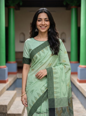 Cotton Mint Green Grey Ikat Butta Checkered Saree