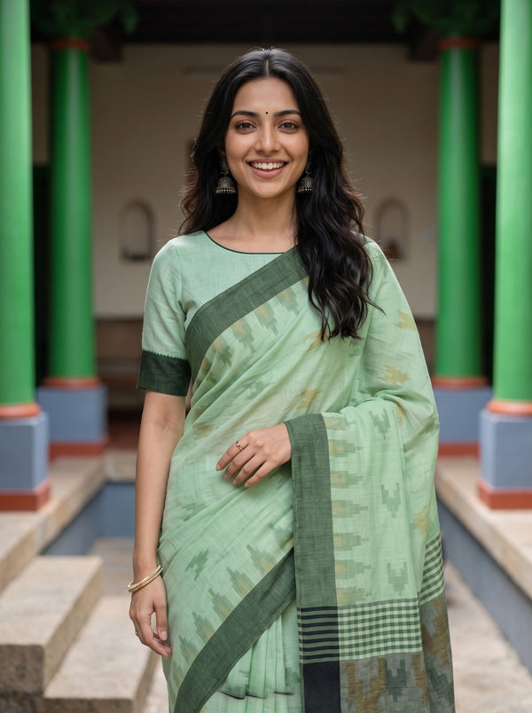 Cotton Mint Green Grey Ikat Butta Checkered Saree