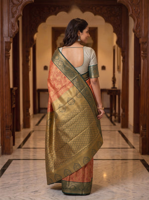 Semi Silk Rust Orange Gold Floral Jaal Saree with Green Temple Border