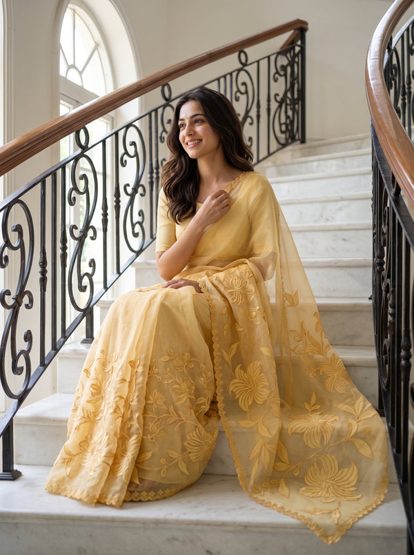 Organza Mustard Self-Tone Lily Embroidered Saree with Scalloped Lace Border