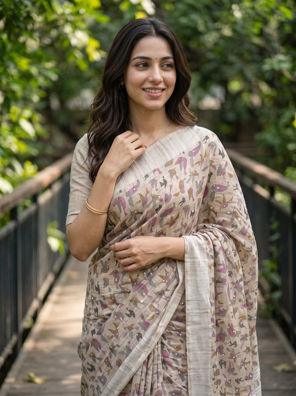 Chanderi Cotton Beige Tribal Bird Print Saree with Striped Pallu