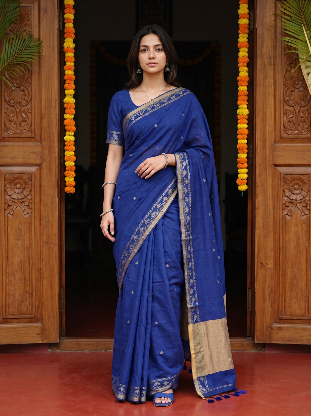 Cotton Royal Blue Silver Butta Golden Shimmer Tribal Border Tasseled Saree