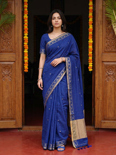Cotton Royal Blue Silver Butta Golden Shimmer Tribal Border Tasseled Saree