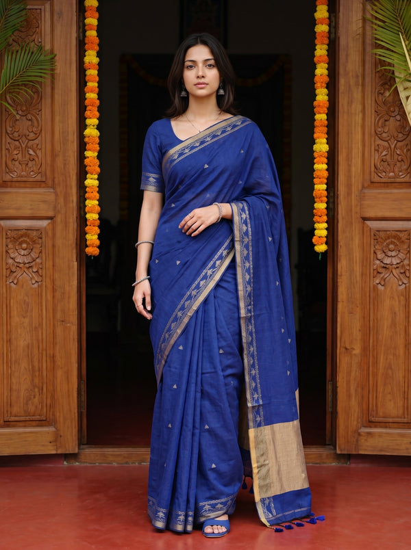 Cotton Royal Blue Silver Butta Golden Shimmer Tribal Border Tasseled Saree