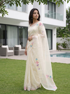 Organza Cream Plain Saree with Printed Rose Border and Scalloped Hem