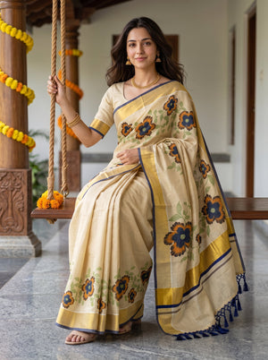 Tissue Cream Blue Floral Print  Onam Special Kerala  Saree with Golden Border