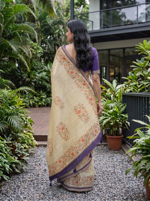 Linen Beige Botanical Print Saree with Grey Purple Border and Tassels