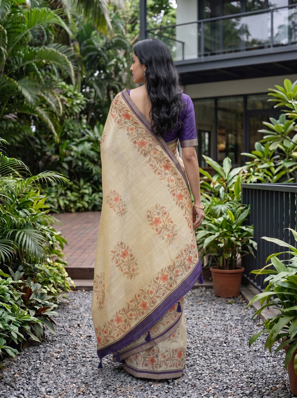 Linen Beige Botanical Print Saree with Grey Purple Border and Tassels