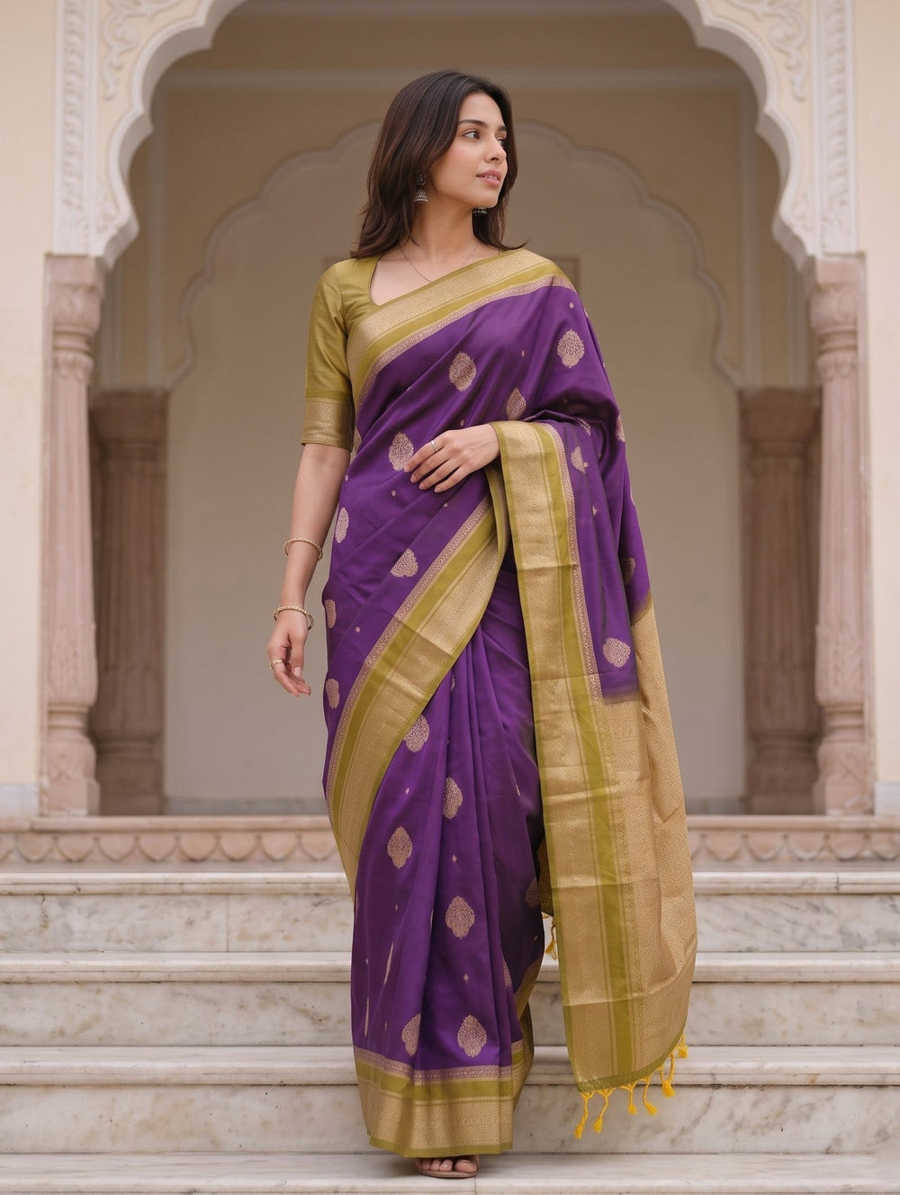 Semi Silk Deep Purple Golden Zari Scattered Butta Saree