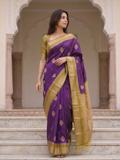 Semi Silk Deep Purple Golden Zari Scattered Butta Saree