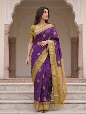 Semi Silk Deep Purple Golden Zari Scattered Butta Saree