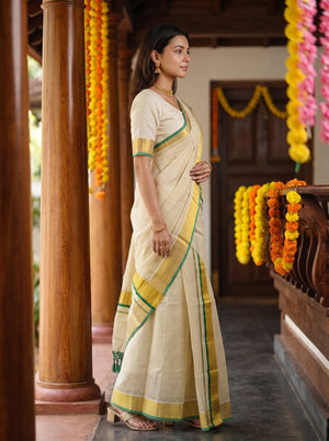 Tissue Cream Cotton with Gold Zari Emerald Trim Border Onam Set Mundu