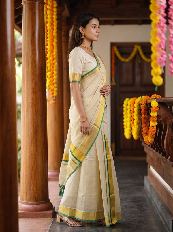 Tissue Cream Cotton with Gold Zari Emerald Trim Border Onam Set Mundu