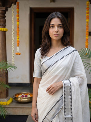 Tissue White Black Geometric Triangle Silver Zari Border Onam Special Kerala Saree