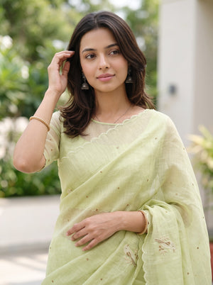Linen Pale Yellow Self-Tone Bird Motif Saree with Scalloped Border