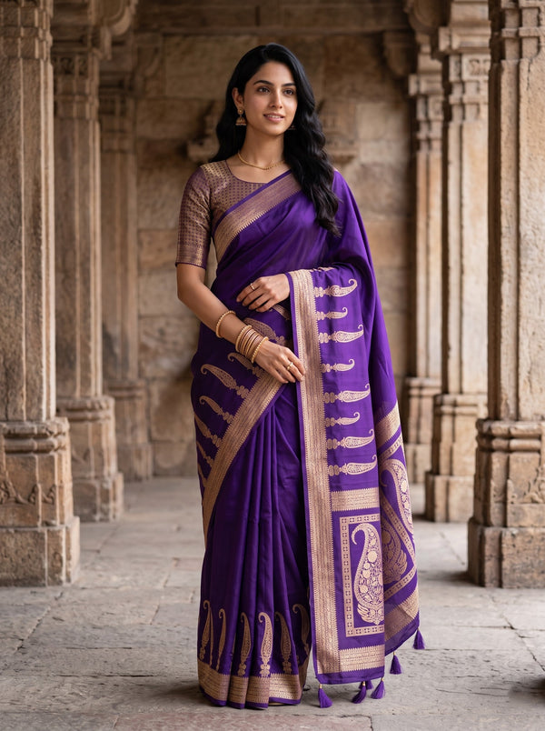 Banarasi Violet Zari Paisley Border Tasseled Saree